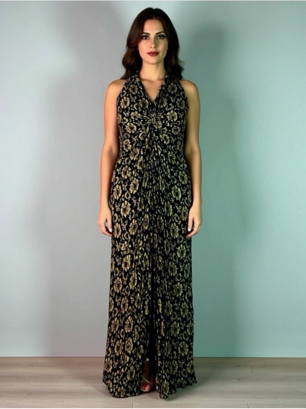 Joseph Ribkoff Couture Vintage Black Gold Lace Floral Halter Dress Slit Size 10